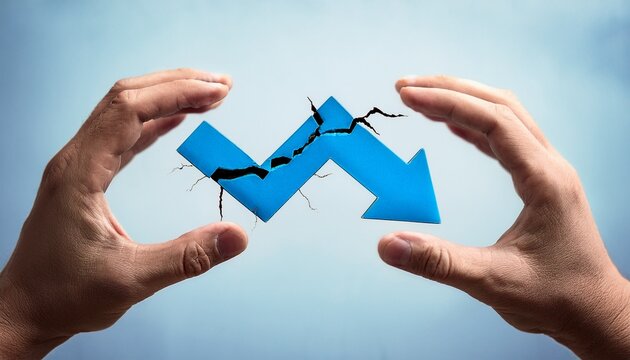 two huge hands hold a cracked broken blue arrow showing a decrease and devaluation