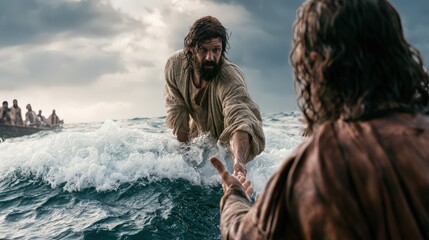 Naklejka premium Jesus reaching down to save Peter as he sinks into the stormy Sea of Galilee.