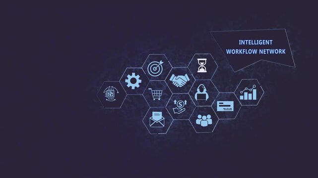 Intelligent workflow network concept featuring digital hexagonal infographic for corporate business strategy, data management, automation, connectivity, and modern digital transformation