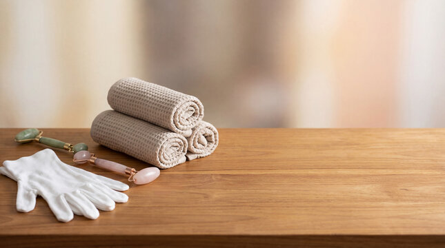 Spa treatment setup with facial rollers, rolled towels and white gloves on a wooden table, creating a serene wellness and skincare setting with generous copy space