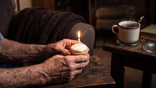 Elderly hands holding a small cumpleanos feliz cupcake with one candle