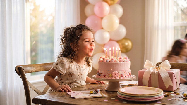Little girl blowing out candles on a pink cumpleanos feliz birthday cake