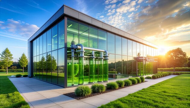 Modern sustainable building with integrated algae bioreactor at sunset