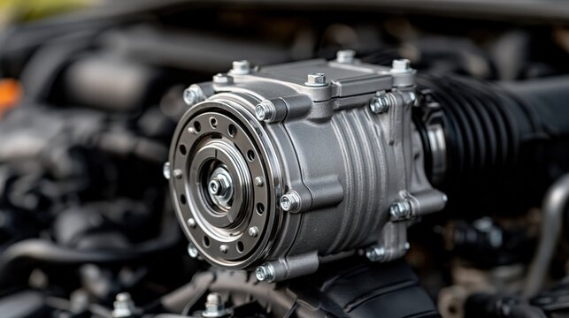 Modern car supercharger engine part mechanism under hood close up