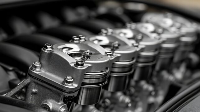 Car engine closeup showcasing pistons and valves in high performance auto