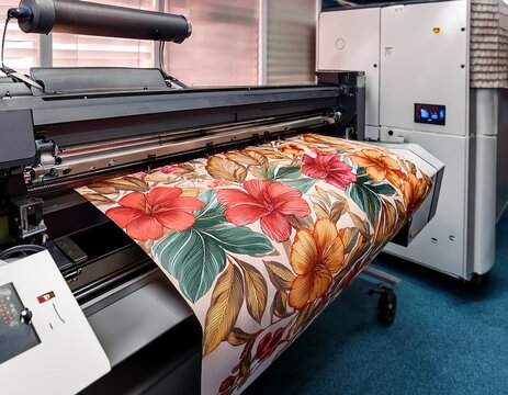 industrial large format inkjet printer printing floral design on fabric
