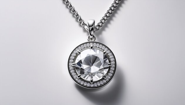 elegant silver chain necklace featuring a sparkling round diamond pendant on white background