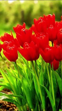 A patch of blooming red tulips in a sunlit garden flowers spring nature floral petals flowers spring nature floral petals