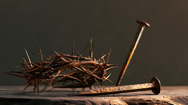 An image of the crown of thorns of Jesus Christ and a single rusty iron nail, placed on a dark textured surface such as aged wood or rough stone.