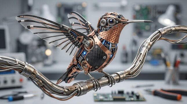 A mechanical hummingbird crafted from copper and steel wire perched on a metallic robotic branch.