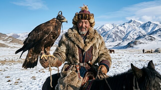 Mongolian eagle hunter on horseback in snowy mountain landscape