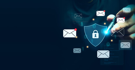 Fototapeta premium Email security concept with encrypted digital communication, secure messaging, cyber protection, phishing prevention, data privacy, online network safety, business cybersecurity on a laptop interface