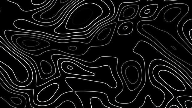 White Topographic Contour Lines on Black Background Loop