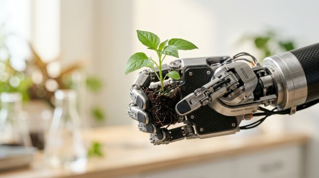 A mechanical robotic hand carefully holding a small green seedling with soil in a bright laboratory.