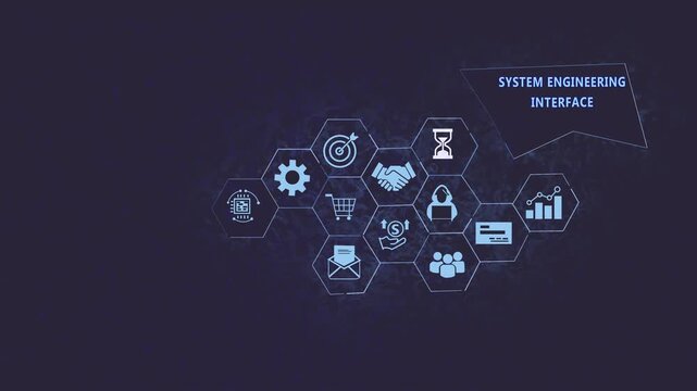 System engineering interface dashboard featuring animated hexagonal business and digital network connectivity for corporate data analysis, technology infrastructure, and modern software solutions