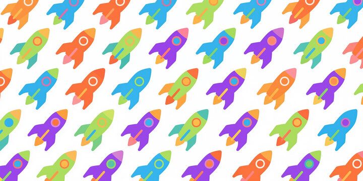 A repeating pattern of multicolored rocket ships in various directions, simple and stylized, scattered on a white background.