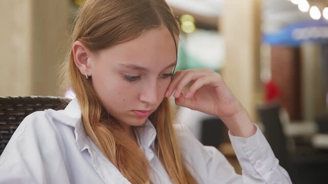 Girl with reddish brown hair wearing white shirt sits indoors with contemplative expression, hand near face, looking downward in focused thought or concern.