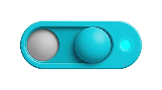 A minimalist futuristic toggle switch with a glowing blue light on a clean turquoise background.