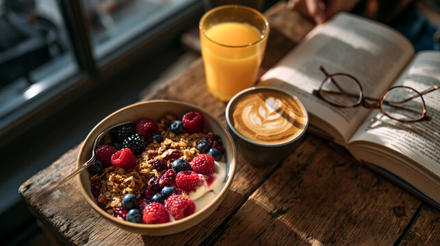 Healthy Granola Breakfast Bowl with Coffee Juice and Book
