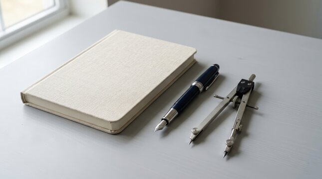 A minimalist composition featuring a closed notebook, a fountain pen, and a metal drafting compass.