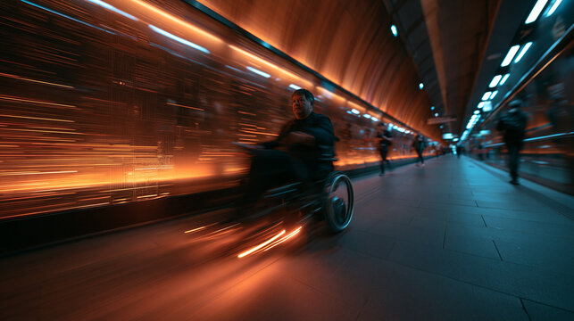 Fast Moving Wheelchair User in Modern Underground Station