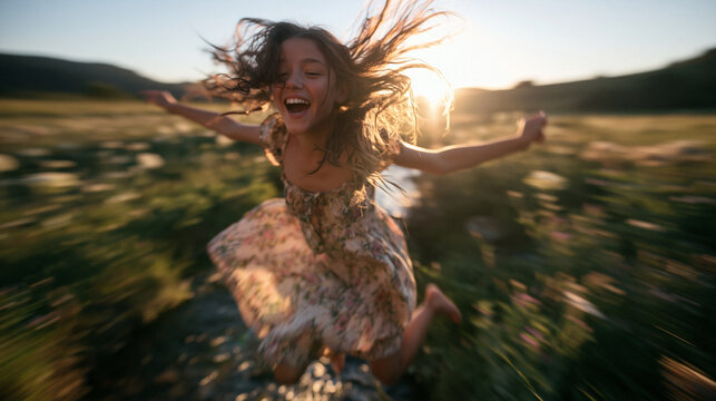 Happy Young Girl Jumping with Joy in Meadow at Sunset