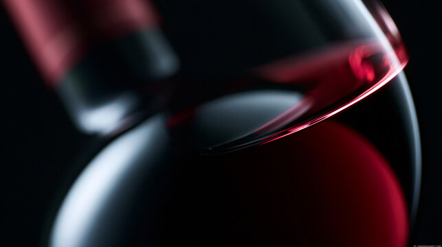 Macro Close Up of Red Wine Glass and Bottle on Dark Background