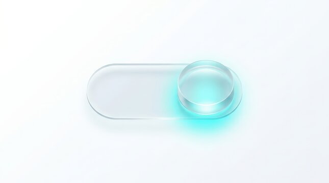 A minimalist glass toggle switch icon glowing with a soft cyan light on a clean white background.