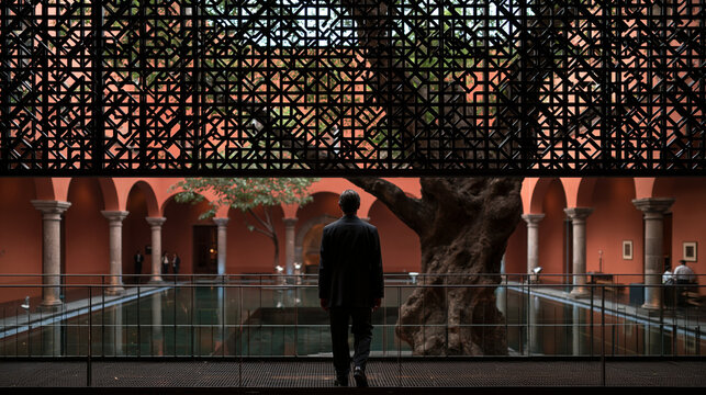 Businessman in Suit Standing in Elegant Architectural Courtyard Atrium