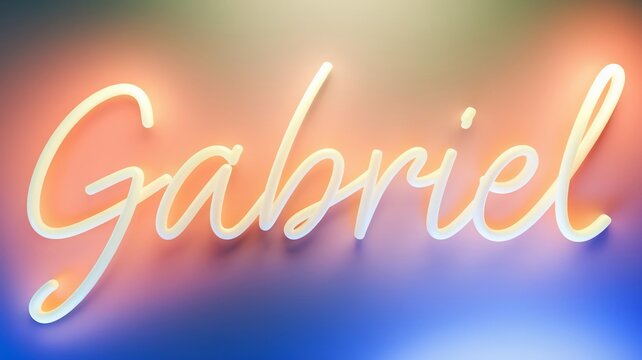 Gabriel written in a cursive neon font style with a gradient background of orange, pink and blue