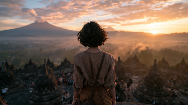 Woman Watching Sunrise over Borobudur Temple in Indonesia