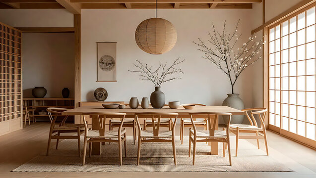 Japandi dining room showcasing a long wooden table with wishbone chairs. Organic pottery. And delicate branch arrangements