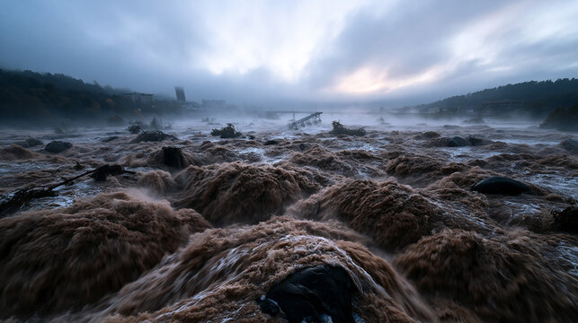 Flash Flood with Raging Muddy Water During Severe Weather