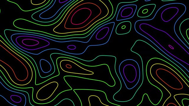 Rainbow Topographic Contour Lines on Black Background Loop