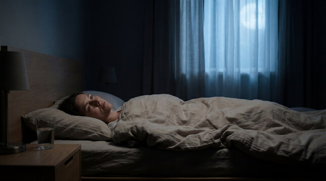 Woman Lying Awake in Bed During a Sleepless Night