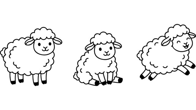 Three cute little sheep cartoon characters standing sitting and jumping in a simple line drawing