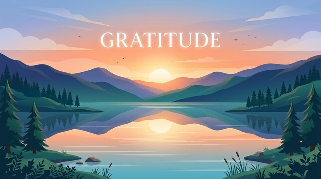 Mountain landscape illustration with gratitude text at sunset.