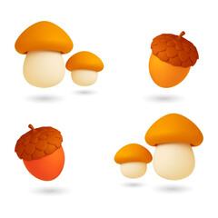 Set of realistic 3D acorns and mushrooms on transparent background © Sowaiba Creative