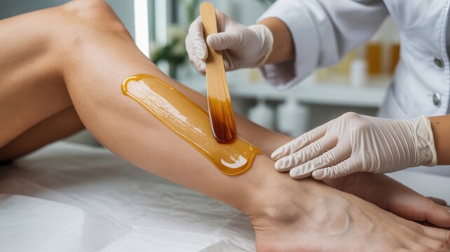Sugaring hair removal treatment being applied to a female leg by a professional aesthetician in a bright clinical beauty salon