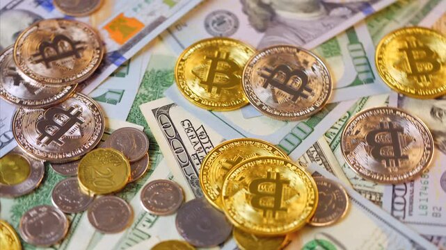 Background with US Dollar and Euro bills, BTC bitcoins rotating