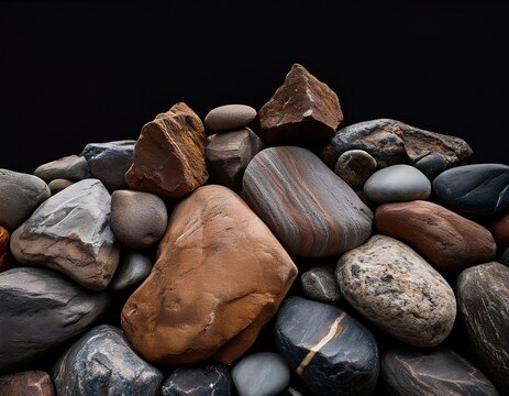 a pile of varied gray and brown rocks clustered together with uneven surfaces and textures against a stark black background