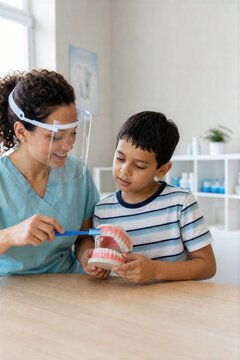 Dental hygienist teaching a young boy how to brush teeth with dental model