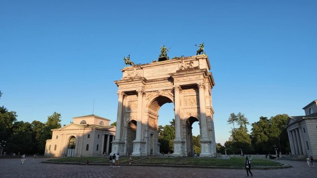 "Arco della Pace" (Peace Arch) of Milan, Italy at sunset during summer season - 4k horizontal footage. - July 2026