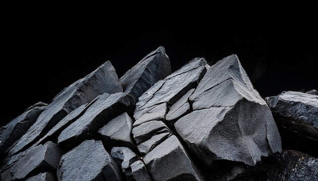 close up of weathered grey rock formations possibly mountain peaks with a sharp irregular outline against a stark black void above rugged natural texture
