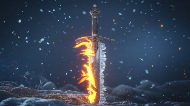 Sword with burning fire and frozen ice blade standing in dark rocky landscape with glowing particles and cinematic lighting effects