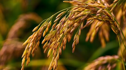 Fototapeta premium Golden rice stalks captured in close seasonal detail beneath crisp diffused light highlighting minute surface structures for nature inspired