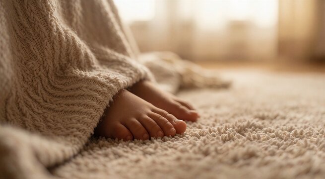 Cozy moment featuring a family of three as a childs bare feet rest on a plush rug near a warm, knitted throw blanket indoors.