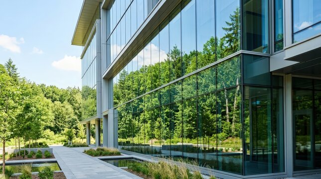 A modern glass building reflecting a lush urban forest with a clean walkway and small water pond.