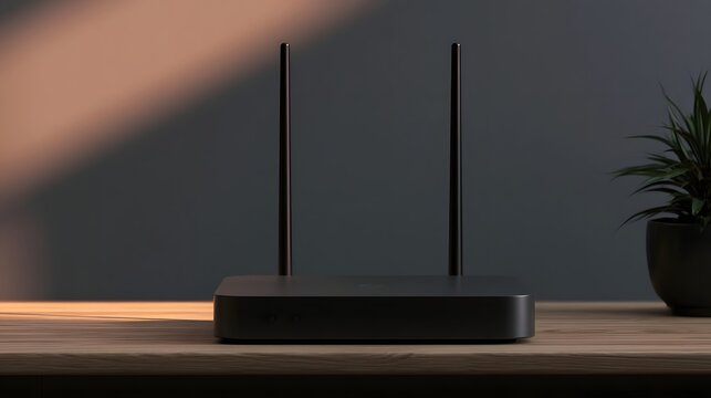 A sleek black wireless router with two antennas sits on a wooden surface beside a potted plant against a dark wall