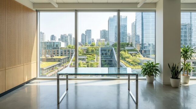 A modern glass desk in a bright office interior overlooking a lush green city skyline view.